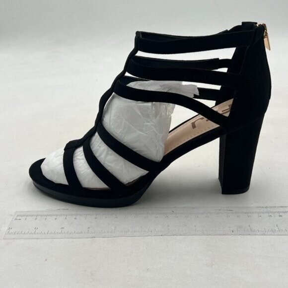 FSJ Black Chunky High Heel Sandals Open Toe T-Strap Cutout Back Zipper Shoes - Picture 2 of 8